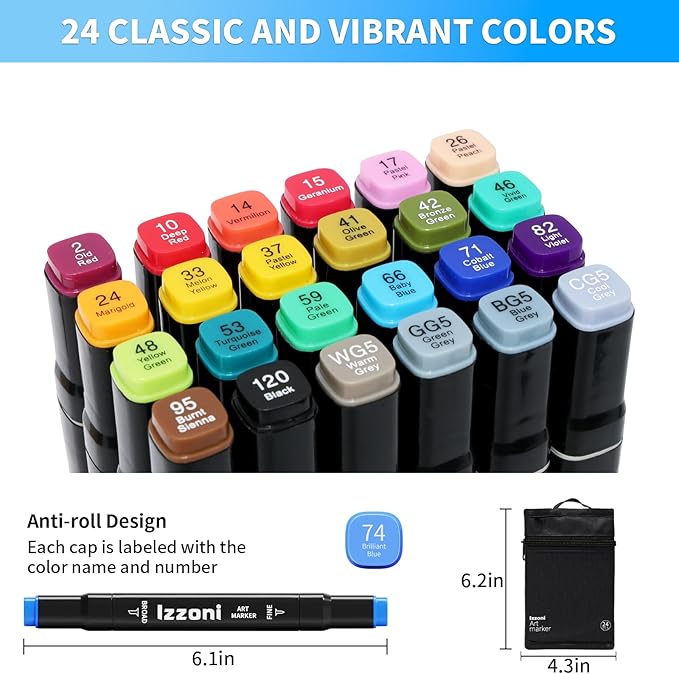 24 Colors Alcohol Markers Set, Dual Tip (Fine & Chisel) Coloring Markers, Permanent Art Drawing Marker for Kids Sketching Adult Coloring with Case and Holders (24 Colors - Black)