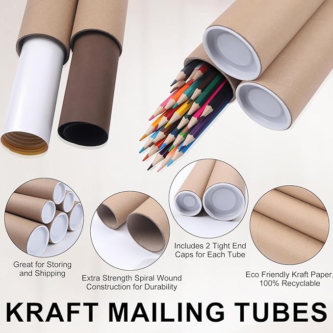Mailing Tubes with Caps, 3 Pack 3x36-Inch & 3 Pack 2x30-Inch Kraft Paper Poster Tube for Shipping, Packing, Bulk Round Packaging, Cardboard Mailers, Art Prints, Maps, Blueprint
