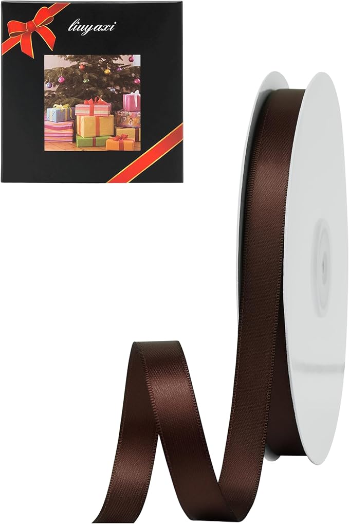 LIUYAXI Brown Satin Ribbon, Double Faced 1/2" X Continuous 25 Yards Ribbons Perfect for Gift Wrapping Bows Bouquet Wedding Craft and More
