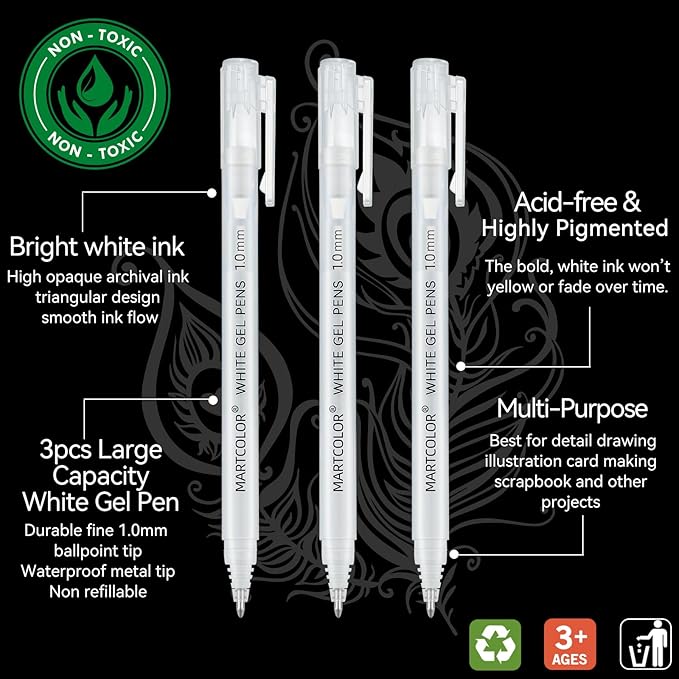 White Gel Pens, 1.0mm Fine Point Opaque Archival Ink Pen for Black Paper Drawing, Art Highlight, Illustration, Bullet Journaling, Card Making & DIY Projects, 3 Pack