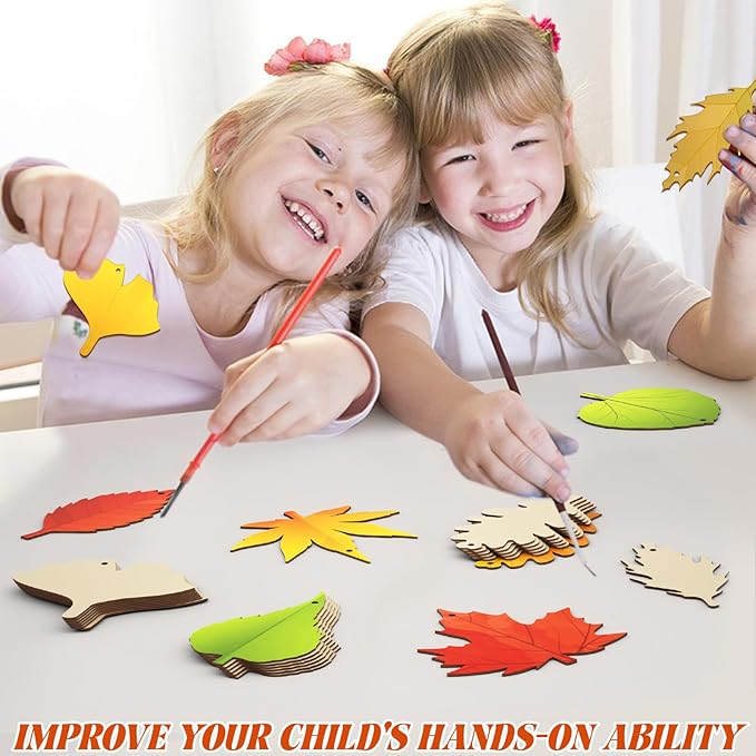 Subacy 80 PCS Unfinished Wood Cutouts 8 Styles DIY Wooden Crafts, Autumn Maple Ornaments Painting Kit for Kids, Birthday Thanksgiving Creativity Arts & Crafts (Maple Leaves)