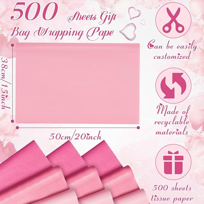 Qilery 500 Sheets Valentine's Day Pink Tissue Paper Bulk for Gift Bags 15 x 20 Inch Acid Free Packaging Wrapping Paper Sheets for Valentine's Day Wedding Decoration DIY Flower, Pom Poms Craft Supplies