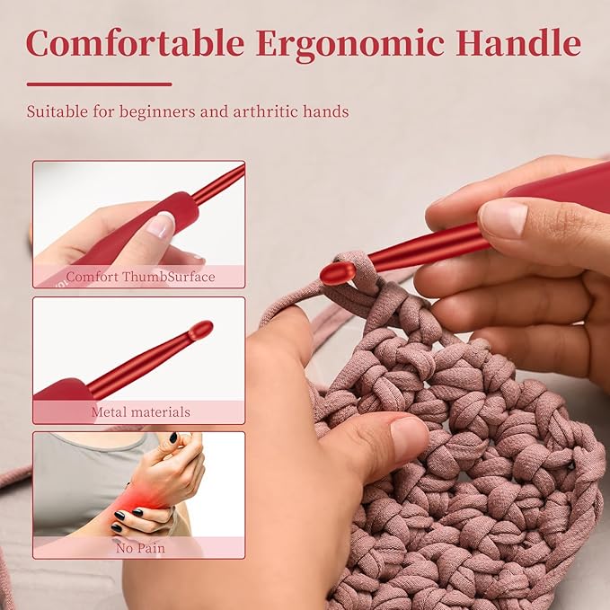 CLYAIYLC 30 Pcs Crochet Hook Set, Red 2-6mm Crochet Hook Ergonomically Designed for Arthritis Hands, Equipped with Knitted Crochet Supplies and Storage Bag, Suitable for Crochet Beginners/Enthusiasts