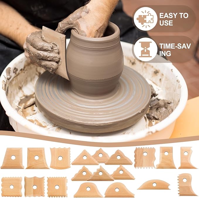 GlikCeil 20 Pieces Pottery Ribs Pottery Tools Pottery Foot Shaper Tools Pottery Trimming Tools Clay Texture Ribs Solid Beech Wood Pottery Ribs for Carving Clay Molds Clay Ceramics