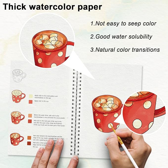 Watercolor Workbook for Beginners with Step-by-Step - 12 Watercolor Coloring Pages - 100% Cotton 300gsm/140lb Watercolor Paper - Gift for Women,Adults, Teens (Christmas)
