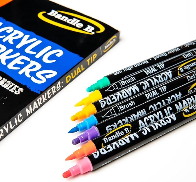 Bandle B. Acrylic Paint Markers – Set of 24 Dual Tip Paint Pens with Dot and Brush Tip for Art, Rock Painting, Coloring, Journaling, Wood, Glass, Canvas and DIY Crafts