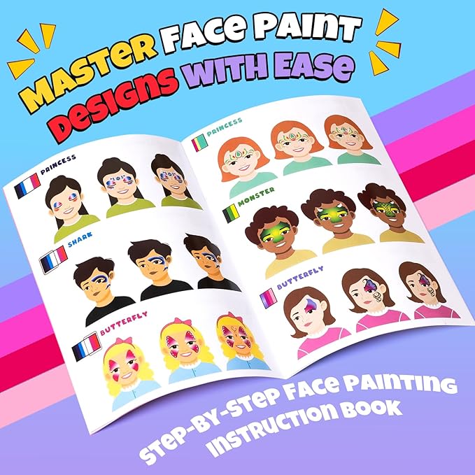 Drawdart Professional Face Painting Kit for Kids Adults, Large Split Cake Face Paint Palette| with Stencils, Book, Easy to Use and Safe for Kids, Fun for Halloween, Birthday Party, School Event