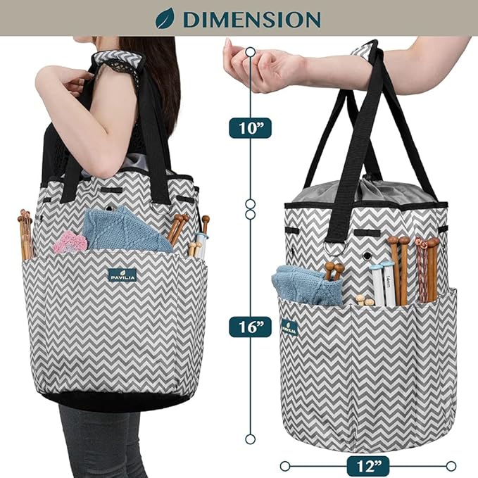 PAVILIA Crochet Bag Knitting Bag Organizer, Yarn Bag Storage Tote for Crocheting On The Go, Knitting Accessories Supplies Holder with Grommets, Gift for Crochet Lovers Knitters (Chevron Gray)