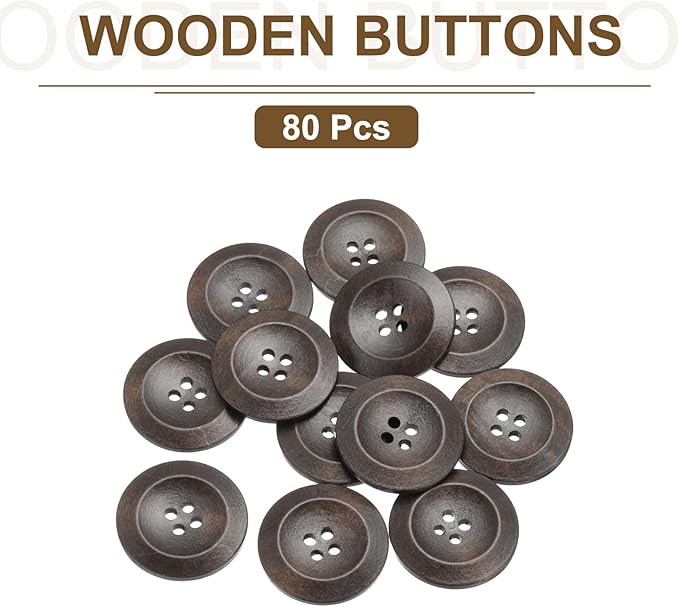 uxcell 80Pcs Wooden Buttons, 38mm(1 1/2") 4 Hole Round Wood Sewing Button Craft for Sewing DIY Craft Clothing, Dark Brown