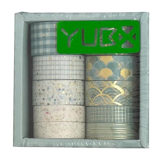 YUBX Creative Washi Tape Set 10 Rolls Gold Foil Print Decorative Masking Tapes for Arts, DIY Crafts, Journals, Planners, Scrapbook, Wrapping (Blue Melody)