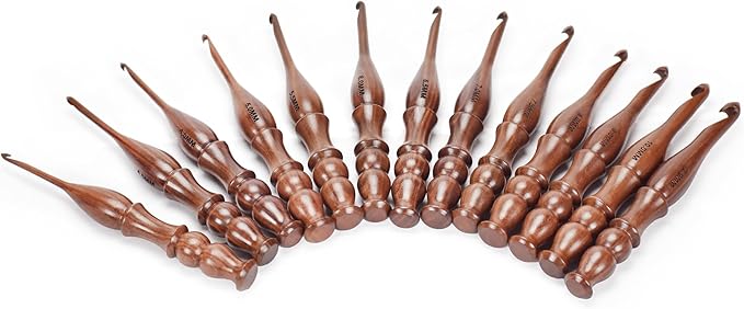 Wooden Crochet Hooks Set of 13 for Arthritic Hands | Ergonomic Soft Grip Handcrafted Knitting Needle for Crocheting and Knitting (Brown (Crochet - 2))