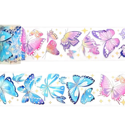 1Roll Laser Butterfly Wide Scrapbooking Tape, Transparent PET Tape Decorative Masking Tape Stickers Washi Tapes for Bullet Journal Supplies DIY Crafts