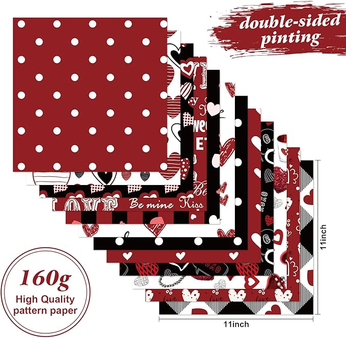 Valentines Pattern Paper Double Sided Valentine Decorative Scrapbook Craft Paper,Love Heart Red Black Cardstock for Valentines Craft Supplies Card Making Scrapbook(12 Design,24 Sheet,11 x 11 Inch)