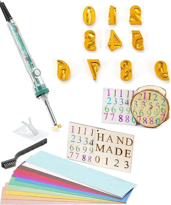 1/2" 10Pcs Wood Burning Letter Kit, Wood Burning Numbers for Wood Branding Leather Crafting, DIY Gifts for Christmas Wedding Birthday Beginners, with 80W Electric Branding Iron (Brass Numbers 0-9)