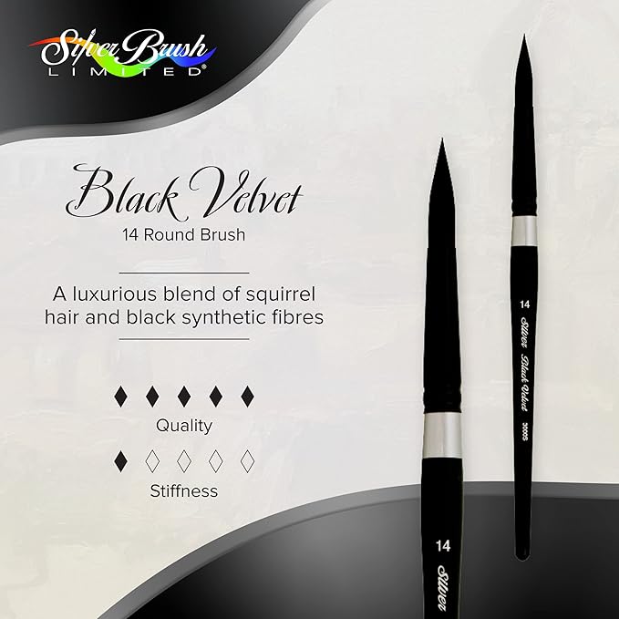 Silver Brush Limited 3000S-14 Black Velvet Round Paintbrush for Watercolor, Gouache, Inks, & Dyes, Size 14, Short Handle
