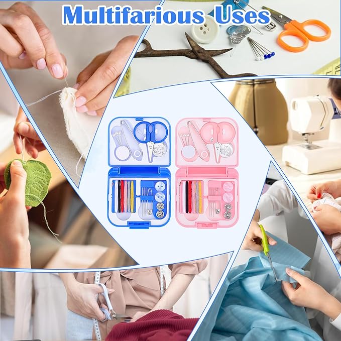 2 Pack Mini Travel Sewing Kit, Portable Emergency Repair Kit, Square-Shaped Plastic Sewing Box with Threads, Scissors, Needles for Women, Mom, Travelers, DIY Craft, Beginner Friendly (Blue/Pink)