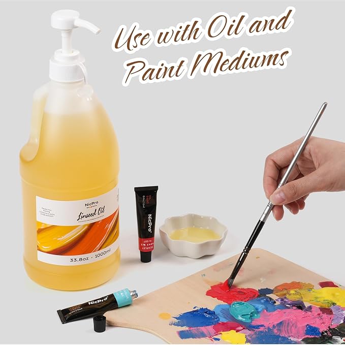 Nicpro Linseed Oil for Painting, 33.8oz Refined Linseed Oil Medium for Thinning Oils, Artists, Painting Thinner, Professionals to Enhance Flow, Translucency & Gloss