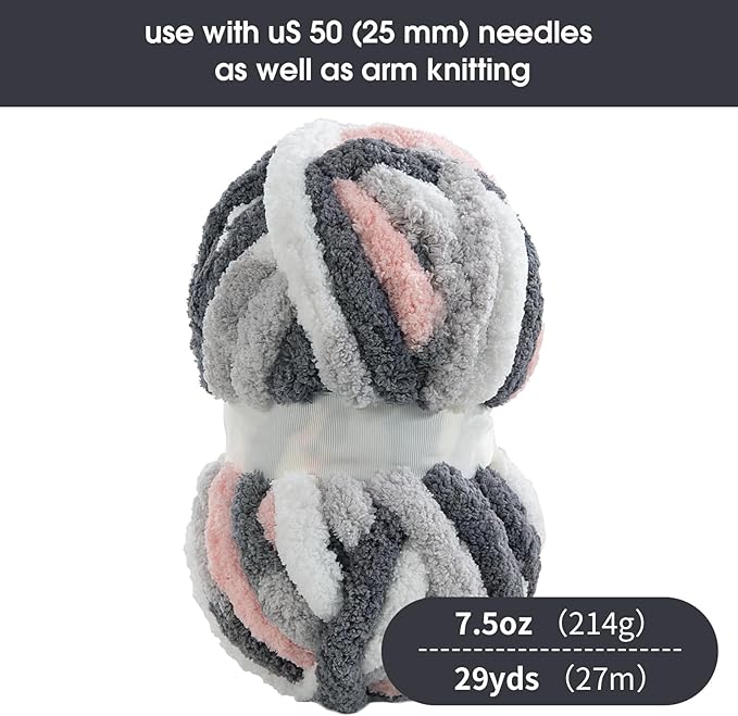 Hombys 8 Pack Giant Chunky Yarn for Crocheting/Hand Knitting - Super Bulky, Soft, Fluffy, Plush Fuzzy Yarn - Tie Dye, Mixed Color Thick Chenille - Dark Grey, Pink, White