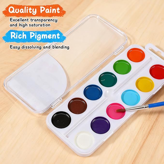 24 Pcs Watercolor Paint Set, with 12 Vibrant Colors and Paint Brushes, Washable Watercolors Paints Set Bulk for Family Art Party Favors Art Activities Painting Projects Christmas Gift