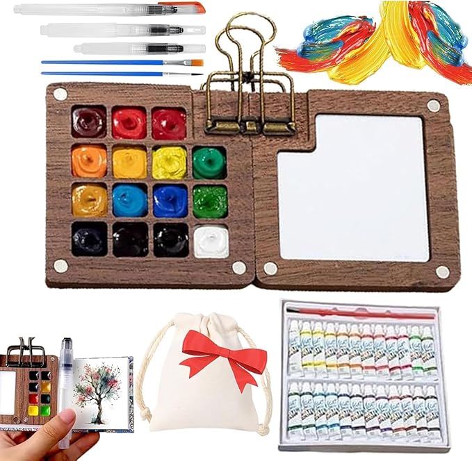 Watercolor Kit,New Mini Watercolor Paint Set, Pocket Watercolor Set with Paint, Brush,bag, Sketchbook & Copper Clip, Travel Kit for Beginners, Artists & Painting Enthusiasts(Walnu -15 Grids)