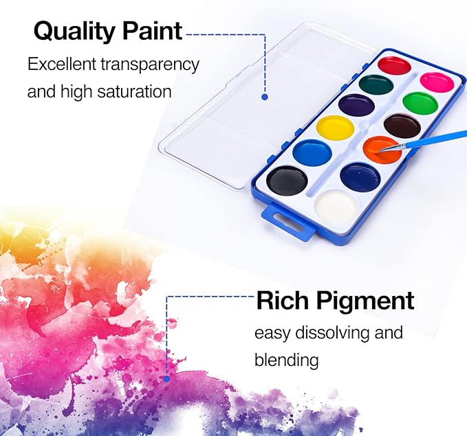 42 Pack Watercolor Paint Set for Kids, 12 Colors Watercolors Paints with Paint Brush, Kids Watercolor Paint Set for Party Favor, Classroom.