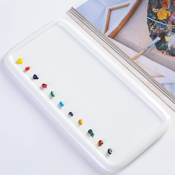Porcelain Watercolor Palette, Ceramic Artist Paint Palette, Watercolor Mixing Tray for Watercolor Gouache Acrylic Oil Painting（10 * 4.7'' Rectangle 2Pcs）
