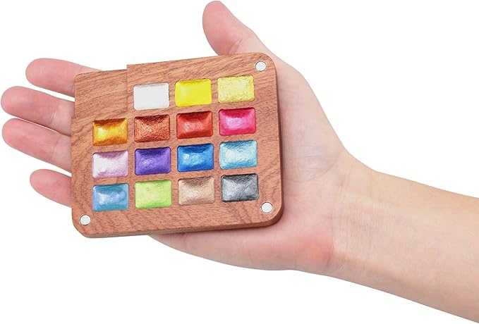 Soho Urban Artist Mini Wooden Travel Watercolor Palette of 15 Metallic Colors - Professional Watercolor Paint Set for Plein Air Artists, Semi-Moist Pans, Pocket