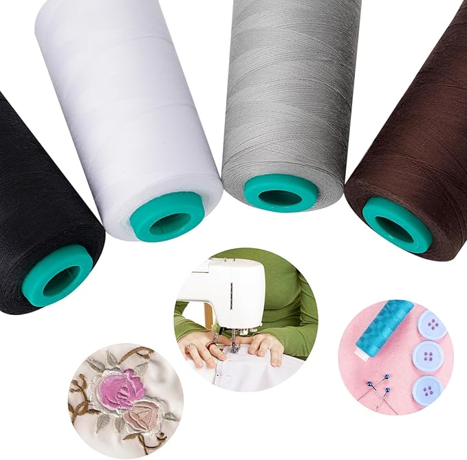 Serger Thread 4 Pack, All-Purpose Sewing Thread Polyester,4 Cones of 3000 Yards Each Spool,Cone Thread for Sewing Machine,140S/2 (Black,White,Brown,Grey)
