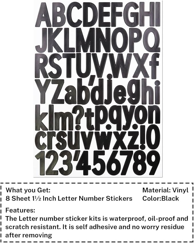 1.5 Inch Letter Stickers, 544 Pieces Alphabet Number Symbol Stickers for Scrapbooking, Sign, Water Bottle, Self-Adhesive Vinyl Letter Sticker Decals for Arts&Crafts - 8 Sheets, Black