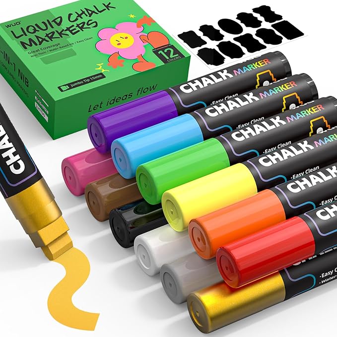 WUO Window Chalk Markers,12 Colors Car Markers,15mm 3-In-1 Jumbo Wide Nib, Dust-Free & Non-Toxic - Erasable Blackboards Marker For Rock Painting, Poster, Stone, Ceramic, Glass