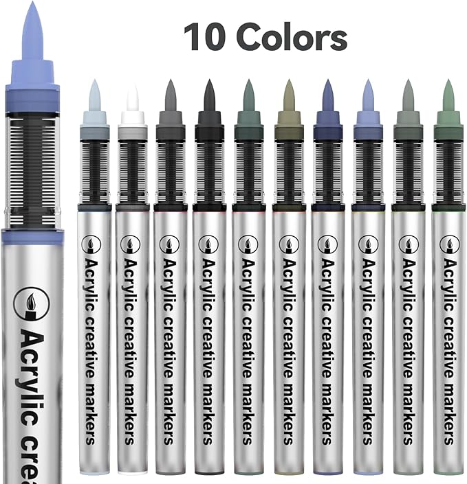 10 Color Acrylic Paint Markers Brush Tip, Waterproof, No-Bleed Ink with Automatic Ink Control, Premium Paint Pens for Rock, Wood, Canvas, Glass, Fabric for Professional and Adult Artists