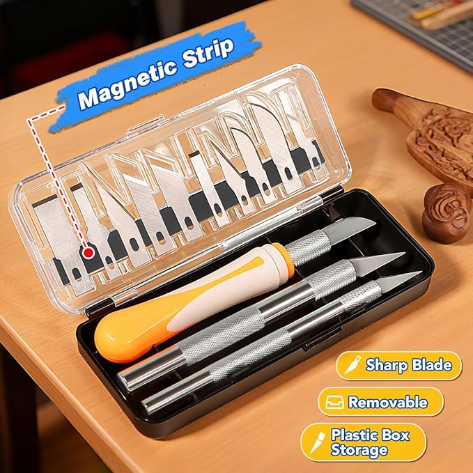 17-Piece Exacto Knife Set, 3 Pcs Craft Knife with 13 Pcs SK5 Steel Blades and Blue Cutting Mat 5.9in×8.6in,Precision Art Knife for Carving, Modeling,DIY,Scrapbook,Pumpkin Carving Tools
