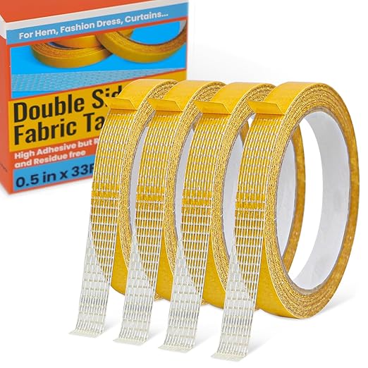 Double Sided Fabric Tape Heavy Duty for Hem, Fashion Dress, Cloth, Curtains, High Adhesive Sticky but Removable and Residue free, No Sewing or Ironing need, Multipurpose, 0.5 in x 33FT/10m x 4Rolls