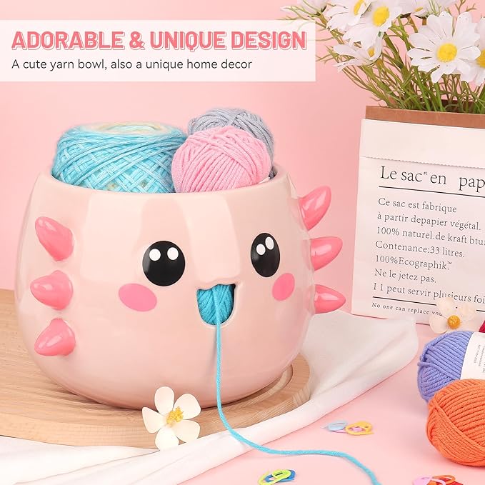 Katech Axolotl Yarn Bowl for Knitting, Yarn Holder for Crocheting, Extra Large Cute Crochet Bowls Wool Storage for Knitter & Crocheter Tangle-Free Crafting, Gifts for Crocheters Knitter