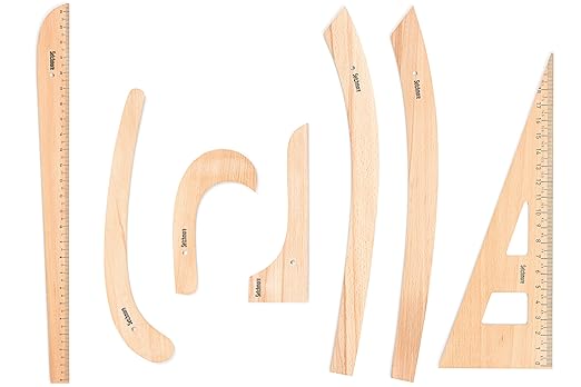 7 Piece Beech Wood Sewing Ruler Set, Wooden Pattern Making & Drafting Tools for Dressmaking Tailoring & Fashion Designer, with Straight Edge, Triangle, French & Hip Curve & Vary Form Curve