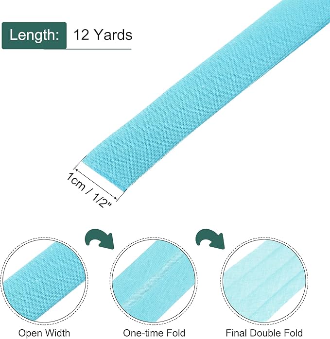 MECCANIXITY 2/5 Inch Double Fold Bias Tape Continuous Bulk Bias Tape for Sewing, Seaming Quilting Hemming Binding Crafts (Light Blue 12 Yards)