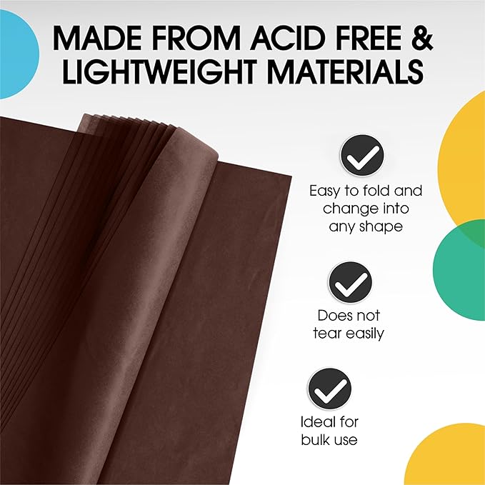 Party Solids Brown Tissue Paper for Gift Bags - 20" X 30" Bulk Tissue Paper Brown 480 Sheets 17 GSM - 10lb Newsprint for Packing, Birthday Gift Box Filler, Packing Supplies & Moving Supplies