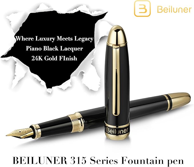 BEILUNER 315 Black Fountain Pen,Stunning Luxury Pens with 24K Gold Accents, Gorgeous 24K Gilded Nib(Medium), Ink Converter,Fancy Pen Gift for Men&Women-Elegant, Office, Reliable, Nice Design