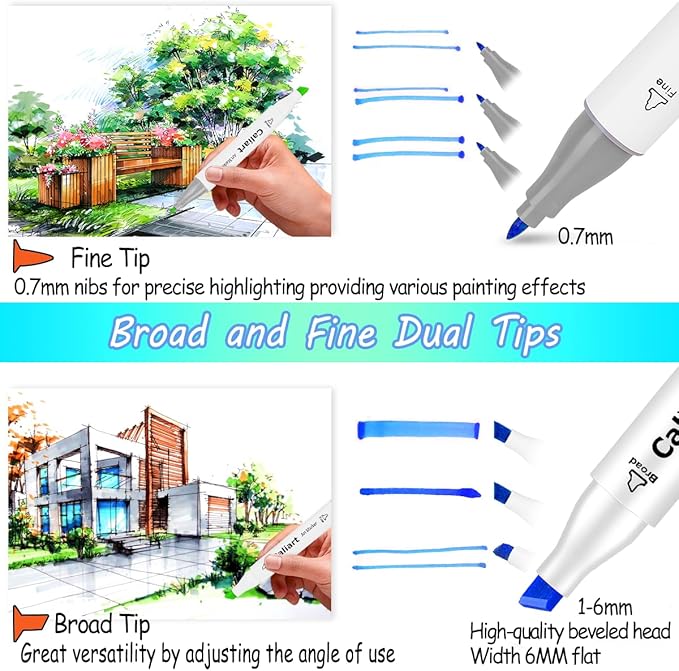 Caliart Alcohol Based Markers, 81 Colors Art Drawing Markers Set Dual Tip Fine & Chisel Permanent Colored Sketch Pens, with Case for Artists Adults Coloring Book Illustration