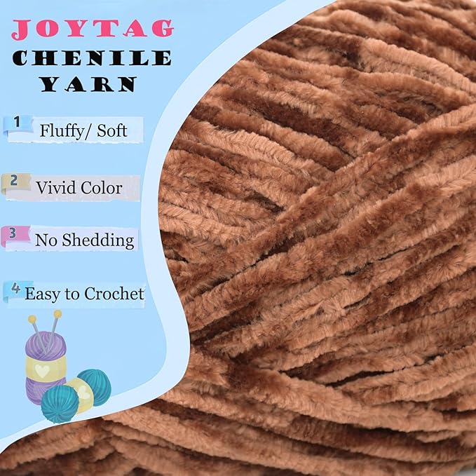 Velvet Chenille Yarn for Crocheting Coffee Fluffy Plush Thick Bulky Chunky Chenille Velvet Soft Baby Blanket Yarn for Crocheting Hand Knitting 100g-Coffee