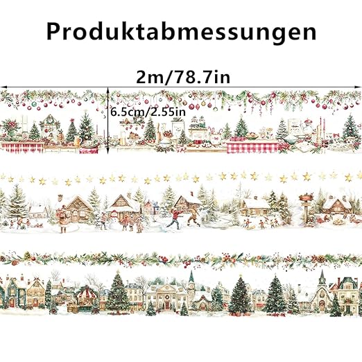 3 Rolls Christmas Washi Tape Set, 65mm x 2m PET Scrapbook Tape Christmas Stickers for Scrapbooking Supplies Winter Xmas Landscape Washi Tape Scrapbook Stickers for Journaling Washitape Masking Tapes