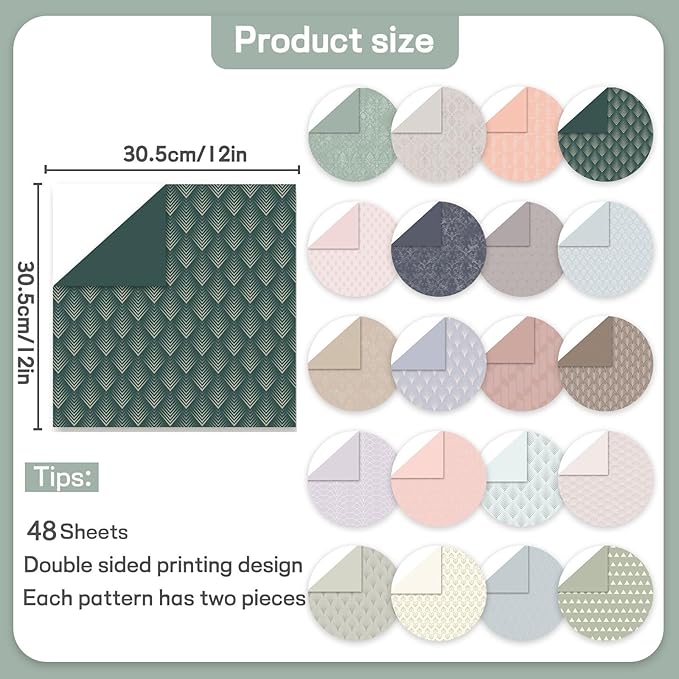 Scrapbook Paper 12x12 Inch, 48 Sheets Pastel Decorative Craft Papers, Double Sided Patterned Background Paper for Scrapbooking Card Making Journaling Decor