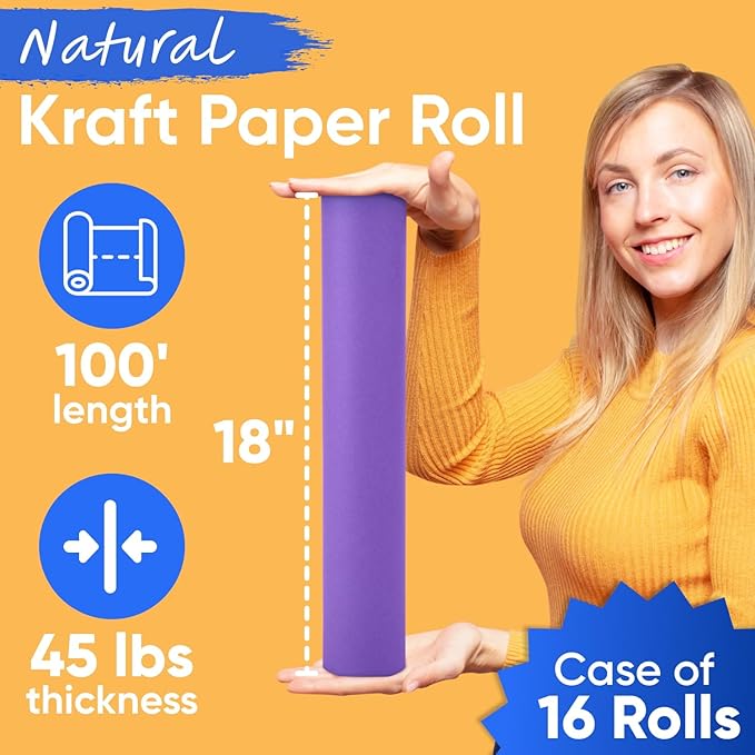 18" x 1200" (100 ft) Lilac Kraft Paper (Case of 16 Rolls), 45 lbs Thickness, Made in USA Kraft Paper for School, Art Colored Paper, Gift Wrapping Paper, Packing Paper for Moving