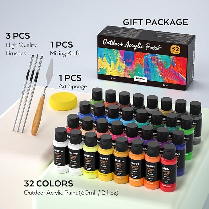 Nicpro 32 Colors Outdoor Acrylic Paint Bulk with Brush and Sponge, Knife, Non-Toxic Paint for Multi-surface Rock, Wood, Fabric, Leather, Crafts, Canvas, Shoes and Wall Painting
