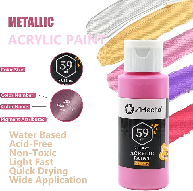 Artecho Acrylic Paint Set, 12 Metallic Colors Bottles (59ml / 2oz) Art Craft Paints for Canvas, Rock, Stone, Wood, Fabric, Art Supplies