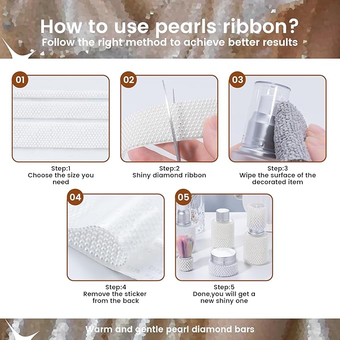 Novani Self Adhesive Pears Ribbon 1 Roll - 3 Yards White Pearls Crystal Diamond Bling Strips Glitter Resin Ribbon for Crafting,Home DIY Decoration（White Pearls,1.14 Inch,3Y）
