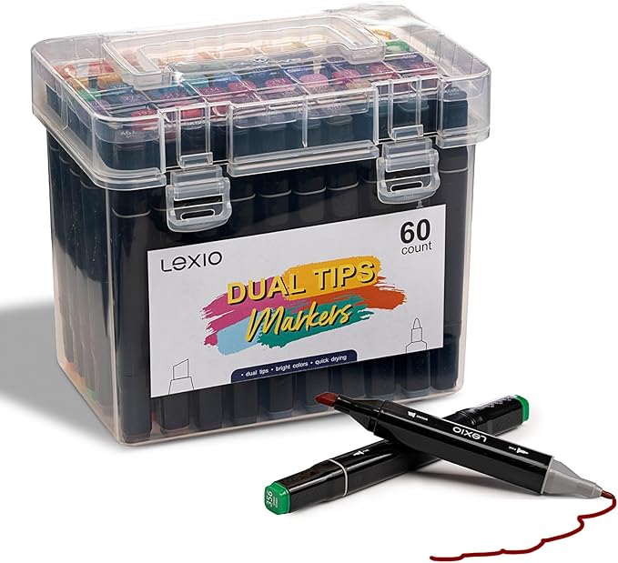 Lexio Alcohol Markers, 60 Colors Dual Tip Art Marker With Organizing Case, Fine & Broad Tip Permanent Art Markers for Adults, Drawing, Sketching and Coloring