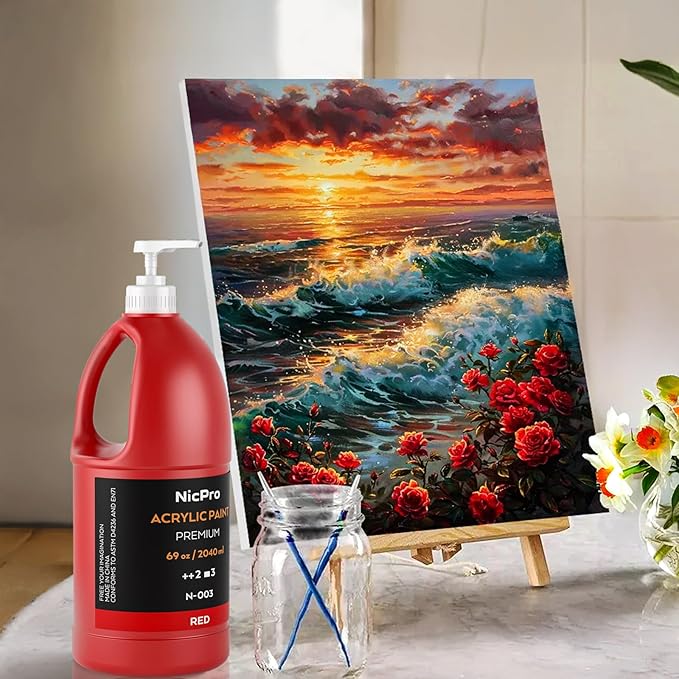 Nicpro Red Large Acrylic Paint Set (69 oz, 2040 ml) Rich Art Painting Supplies Non Toxic for Multi Surface, Canvas, Wood, Leather, Fabric Stone Craft, for Adult Beginners & Artists with Pump