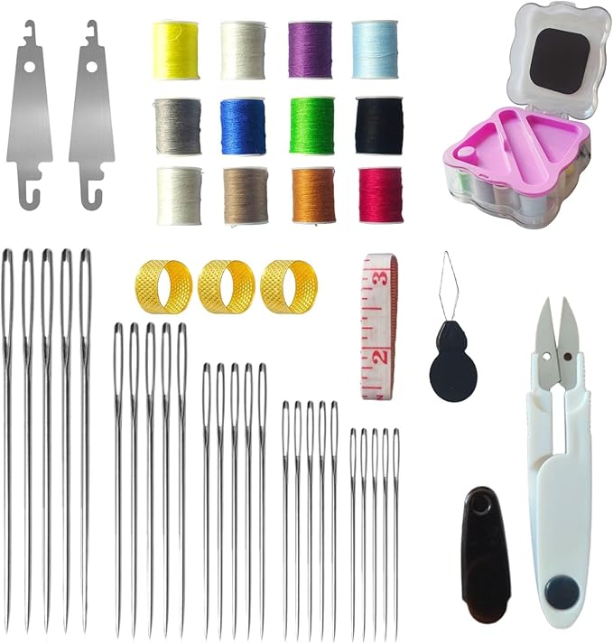 WHNICUST 46PCS Big Eye Stainless Steel Sewing Needles Kit, Hand Quilting Set with Threader and Thimble, Long Thin Needles for DIY Sewing