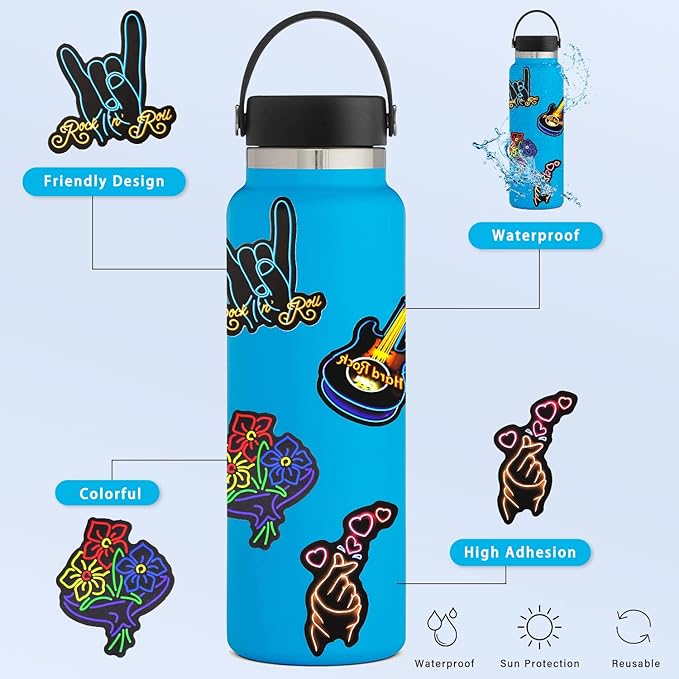 Water Bottle Stickers 200 Pcs Cool Neon Sticker Packs, Prizes for Kids Classroom Reward, Waterproof Vinyl Stickers for Water Bottles Laptop Skateboard Journal Scrapbooking Notesbook Guitar Luggage etc